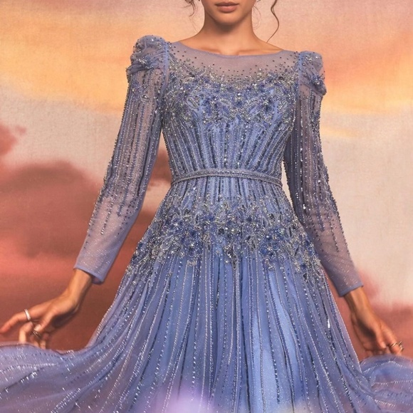 Andrea and Leo A1167 Illusion Long Sleeve A-Line Dress - Blue, Size 6 - Picture 2 of 5